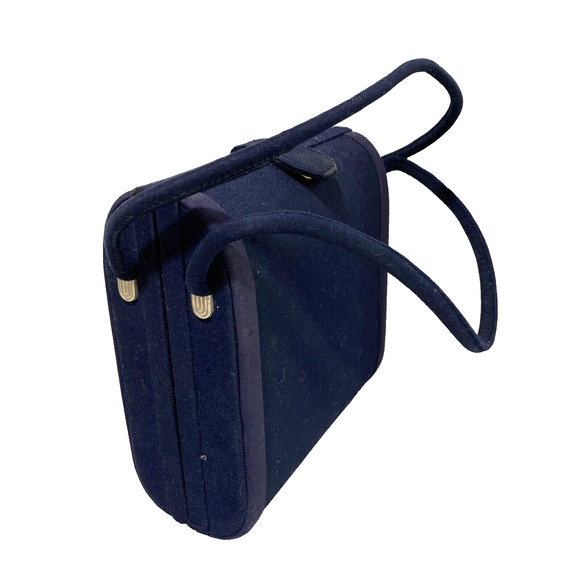 Vintage Mid Century Box Style Hand Bag Top Handle Purse Navy Blue Wool Classic - Picture 2 of 8